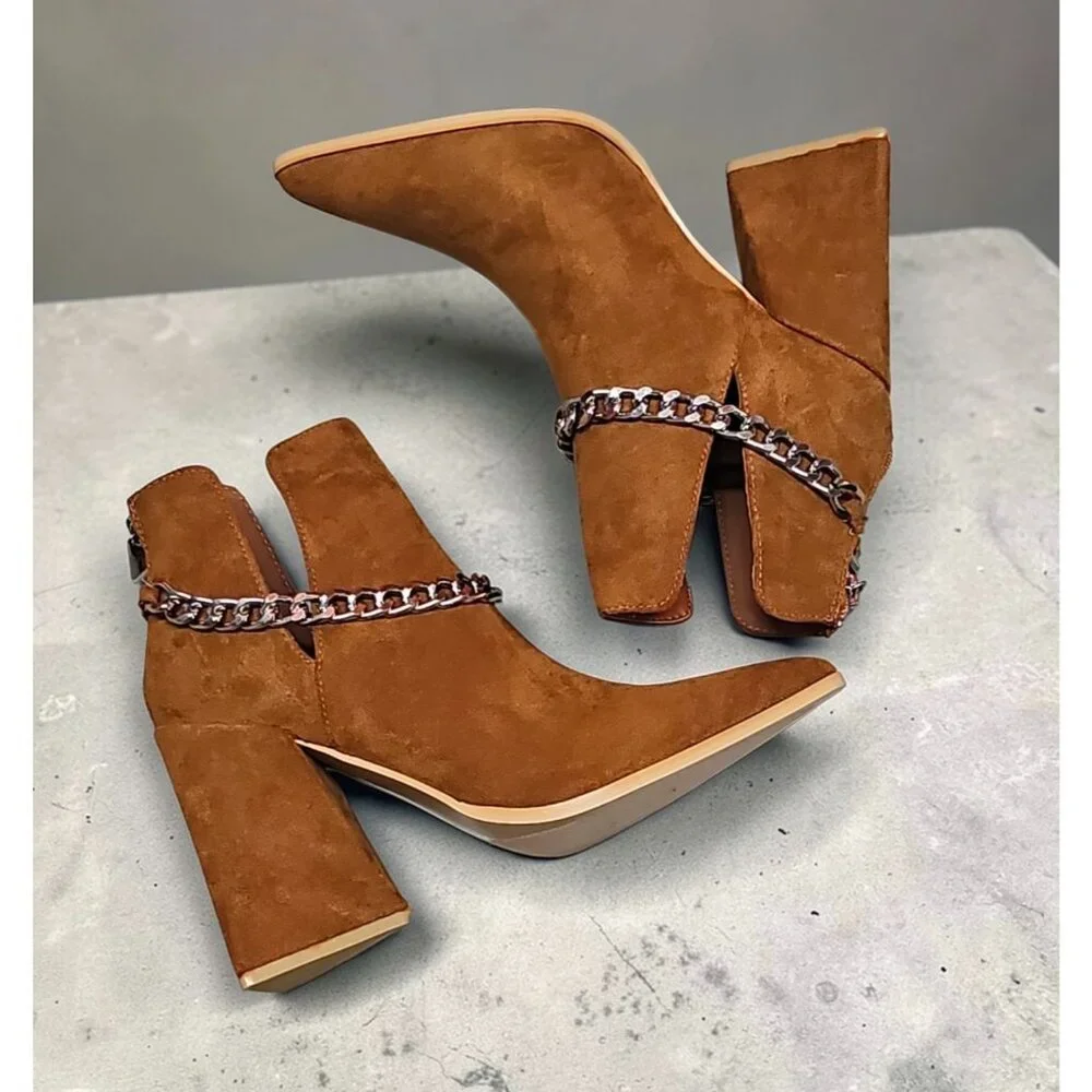 Tan Faux Suede Pointed Toe Ankle Boots With Silver Chain Detail & Block Heel